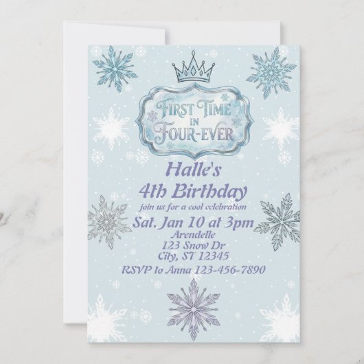 First Time Four-Ever Snowflake Birthday Invitation Kaart (Voorkant)