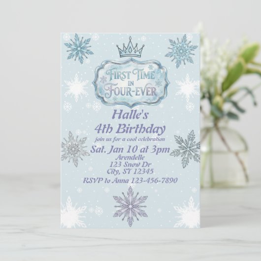 First Time Four-Ever Snowflake Birthday Invitation Kaart (Staand voorkant)