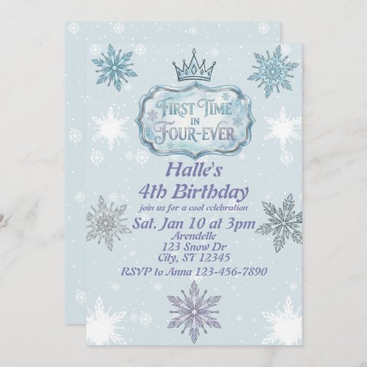 First Time Four-Ever Snowflake Birthday Invitation Kaart (Voorkant / Achterkant)