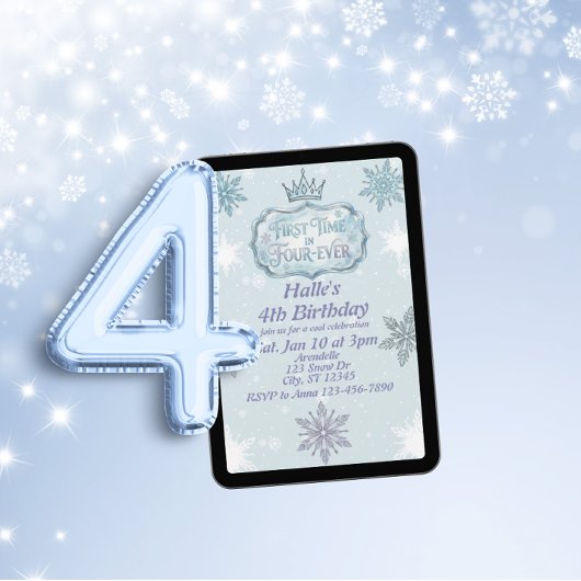 First Time Four-Ever Snowflake Birthday Invitation Kaart