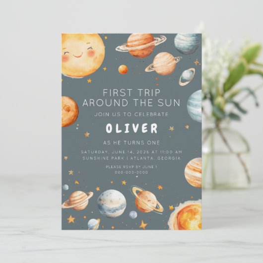 First Trip Around the Sun First Birthday Kaart (Staand voorkant)