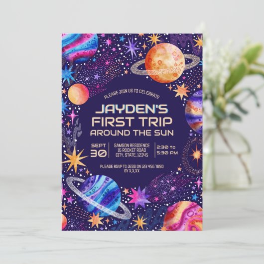 First Trip Around the Sun Galaxy Outer Space Kaart (Staand voorkant)