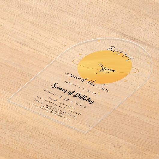 First Trip Around The Sun Paper Airplane Birthday Acryl Uitnodigingen (Laagn)