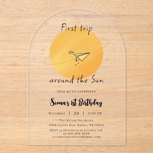 First Trip Around The Sun Paper Airplane Birthday Acryl Uitnodigingen (Voorkant)