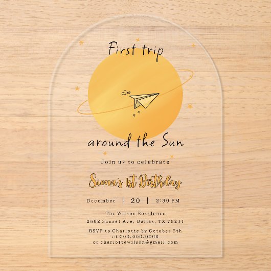 First Trip Around The Sun Paper Airplane Birthday Acryl Uitnodigingen (Voorkant)