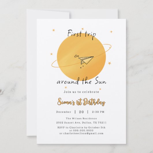 First Trip Around The Sun Paper Airplane Birthday Kaart (Voorkant)