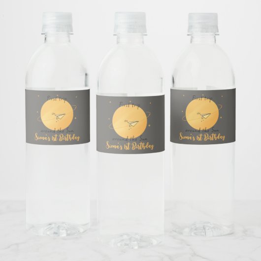 First Trip Around The Sun Paper Airplane Birthday Waterfles Etiket (Flessen)