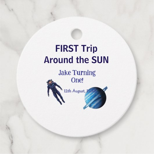 First trip around the sun planet astronaut birthda bedankjes labels (Voorkant)