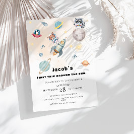 First Trip Around the Sun space Animals Birthday  Kaart