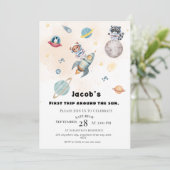 First Trip Around the Sun space Animals Birthday  Kaart (Staand voorkant)