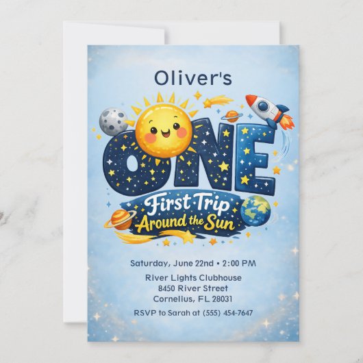 First Trip Around the Sun Space First Birthday Kaart (Voorkant)