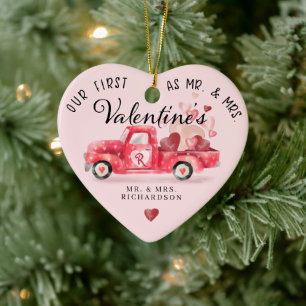 First Valentine's As Mr & Mrs Red Watercolor Truck Keramisch Ornament