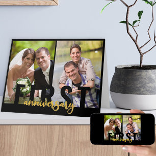 First Wedding Jubileum 2 Foto Gold Script Kaart