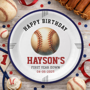 First Year Down Baseball 1e Verjaardagsfeestje Papieren Bordje
