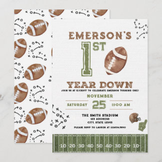 First Year Down Football Birthday Invitation, 2nd Kaart