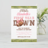 First Year Down Football Girly 1st Birthday Kaart (Staand voorkant)