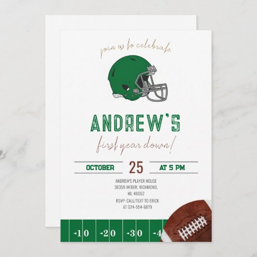 First Year Down Football Invitation Kaart (Voorkant / Achterkant)