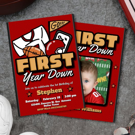 First Year Down - Football with Photo Invitation Kaart