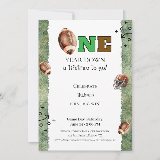 First Year Down Invitation • Football 1st Birthday Kaart (Voorkant)