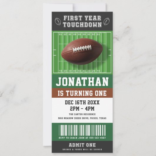 First Year Touchdown Football Ticket 1st Birthday Kaart (Voorkant)