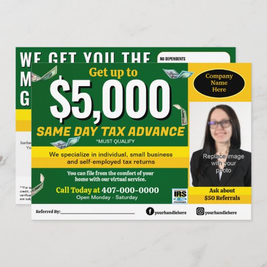 Fiscale voorbereiding bewerkbare e-file flyer programmakaart (Voorkant / Achterkant)