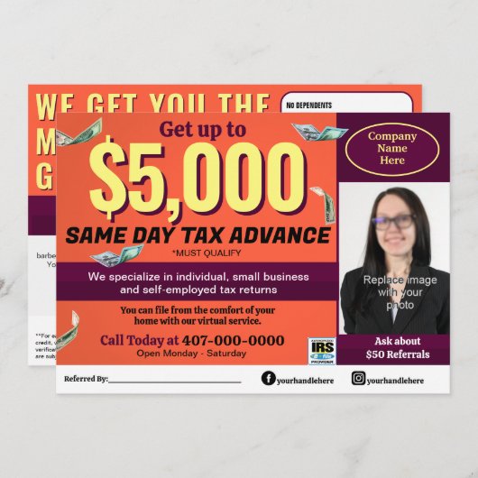 Fiscale voorbereiding bewerkbare e-file flyer programmakaart (Voorkant / Achterkant)