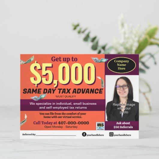 Fiscale voorbereiding bewerkbare e-file flyer programmakaart (Staand voorkant)