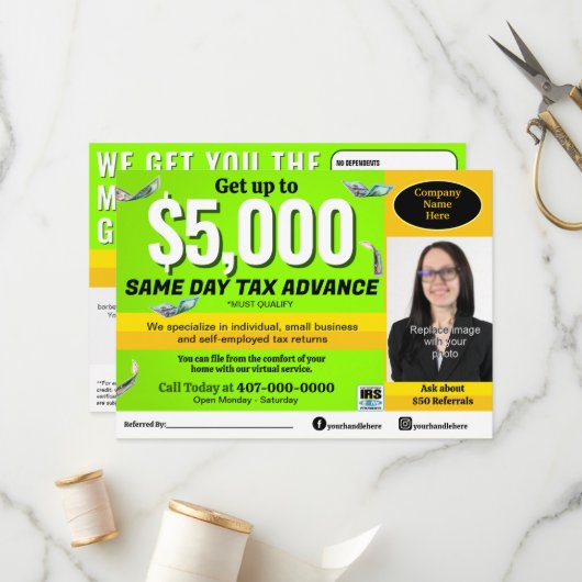 Fiscale voorbereiding bewerkbare e-file flyer programmakaart (Voorkant / Achterkant in situ)