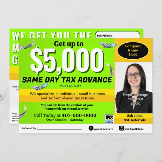 Fiscale voorbereiding bewerkbare e-file flyer programmakaart (Voorkant / Achterkant)