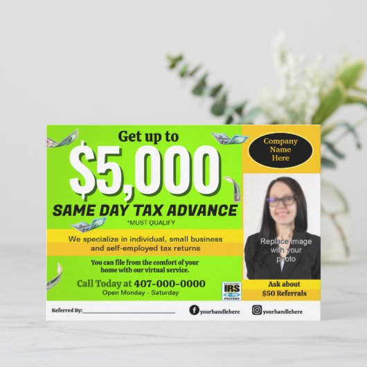 Fiscale voorbereiding bewerkbare e-file flyer programmakaart (Staand voorkant)