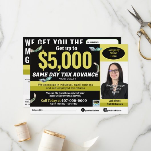 Fiscale voorbereiding bewerkbare e-file flyer programmakaart (Voorkant / Achterkant in situ)