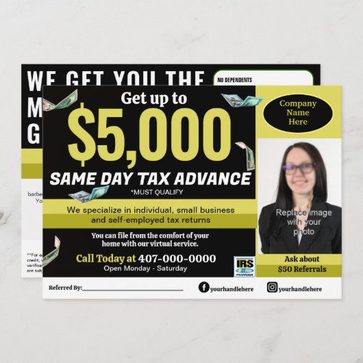 Fiscale voorbereiding bewerkbare e-file flyer programmakaart (Voorkant / Achterkant)