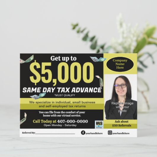 Fiscale voorbereiding bewerkbare e-file flyer programmakaart (Staand voorkant)