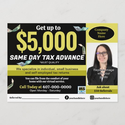 Fiscale voorbereiding bewerkbare e-file flyer programmakaart (Voorkant)