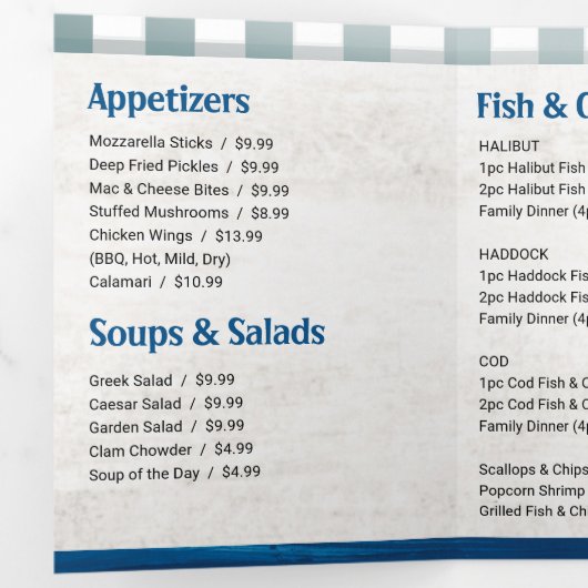 Fish and Chips Restaurant Eten of Afhalen Menu (Binnenzijde eerst)