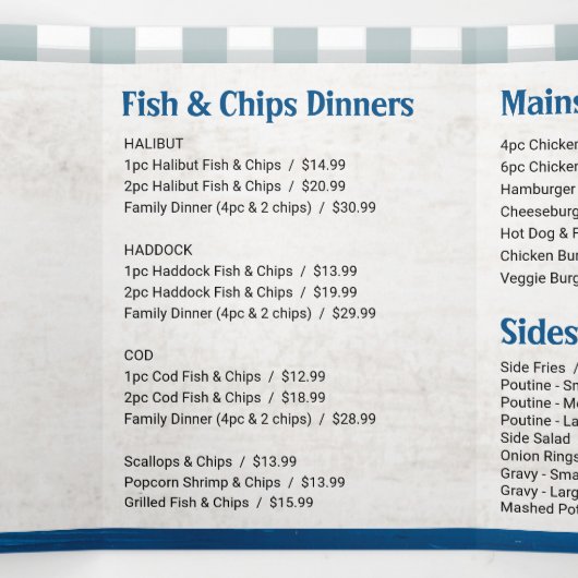 Fish and Chips Restaurant Eten of Afhalen Menu (Binnenkant midden)