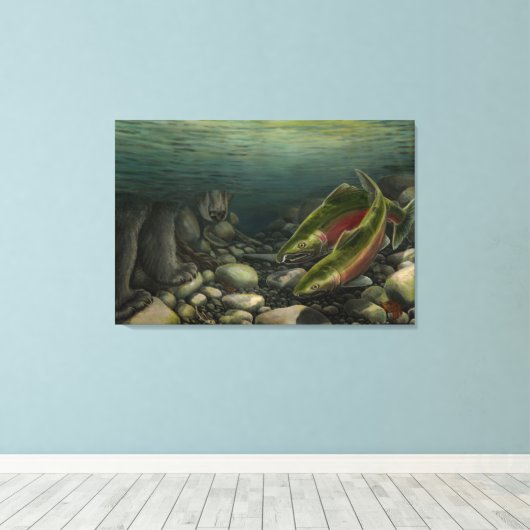 Fish Art Canvas Coho zalm w. Beer Canvas Print (Insitu (Houten vloer))