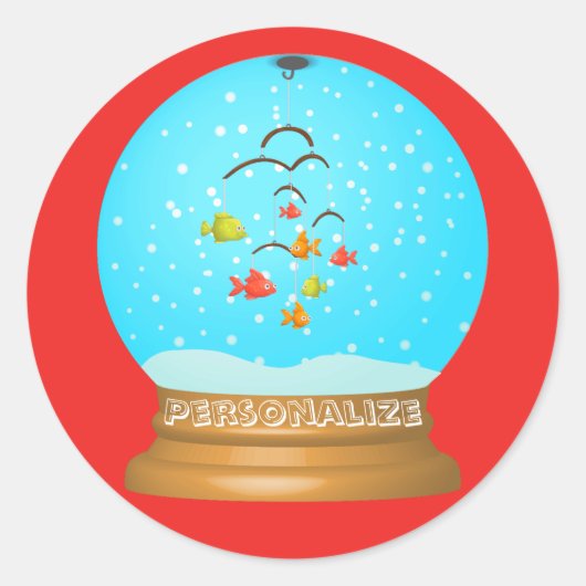 Fish bowl sneeuw wereldbol schattig rood blauw ronde sticker (Voorkant)