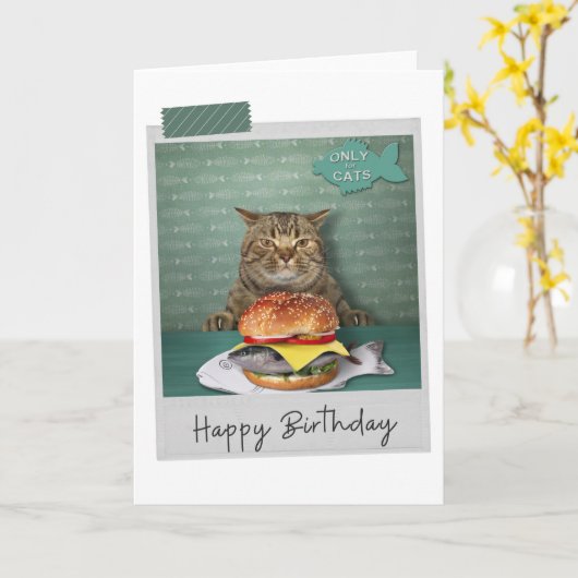 Fish Burger Cat Funny Birthday Card Kaart (Gele Bloem)