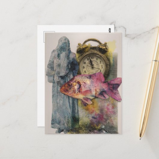 Fish Clock Person Collage Briefkaart (Voorkant / Achterkant in situ)