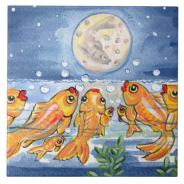 Fish Family & Moon Blue 6" Tegel Trivet Tegeltje