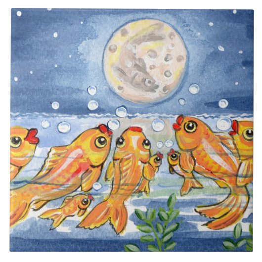 Fish Family & Moon Blue 6" Tegel Trivet Tegeltje (Voorkant)