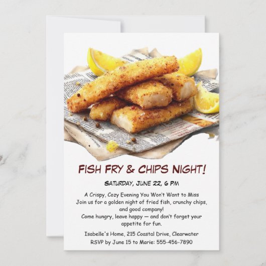 Fish Fry & Chips - Casual Seafood Party Uitnodigin Kaart (Voorkant)