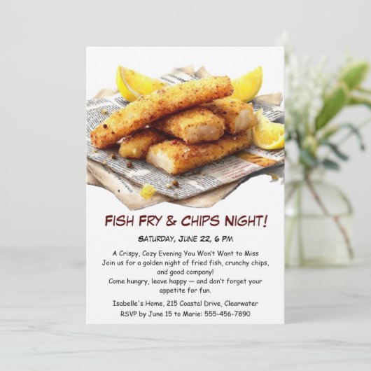 Fish Fry & Chips - Casual Seafood Party Uitnodigin Kaart (Staand voorkant)
