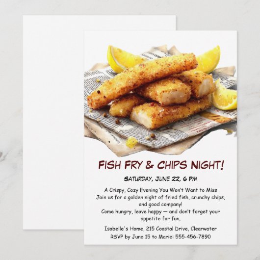 Fish Fry & Chips - Casual Seafood Party Uitnodigin Kaart (Voorkant / Achterkant)