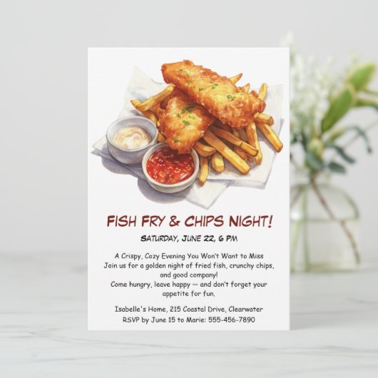 Fish Fry & Chips - Casual Seafood Party Uitnodigin Kaart (Staand voorkant)
