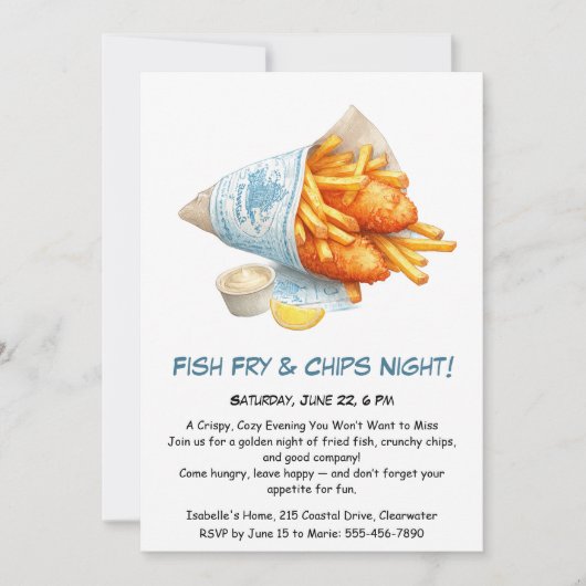 Fish Fry & Chips - Casual Seafood Party Uitnodigin Kaart (Voorkant)
