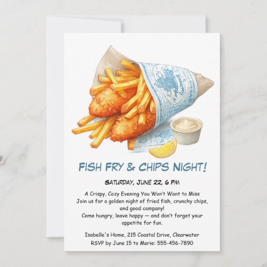 Fish Fry & Chips - Casual Seafood Party Uitnodigin Kaart (Voorkant)