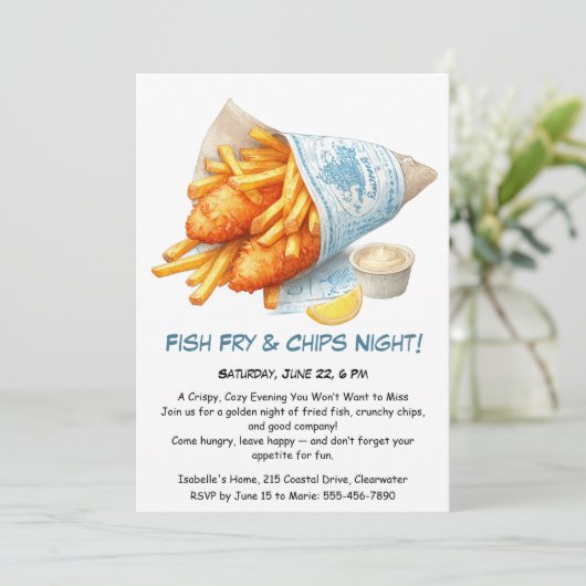 Fish Fry & Chips - Casual Seafood Party Uitnodigin Kaart (Staand voorkant)