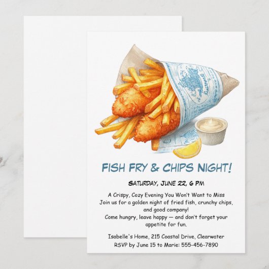 Fish Fry & Chips - Casual Seafood Party Uitnodigin Kaart (Voorkant / Achterkant)